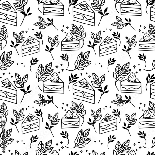 Hand drawn cake, bakery, and pastry seamless pattern with strawberry and floral leaf elements in black linear style and isolated white background for textile, fabric, paper, or gift wrapping
