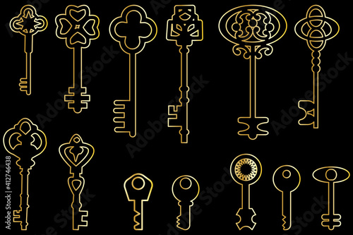 Retro collection with golden keys. Vintage vector illustration. Decorative symbol. Elegant decoration. Stock image. EPS 10.