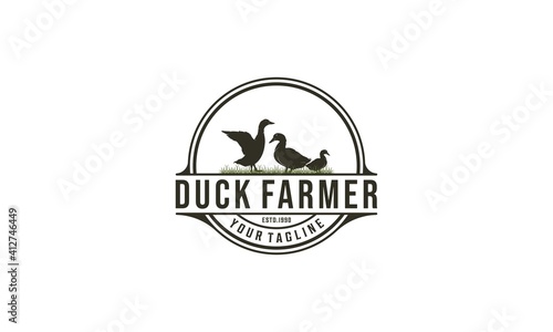 logo for duck farm with illustration of ducks looking healthy and growing well