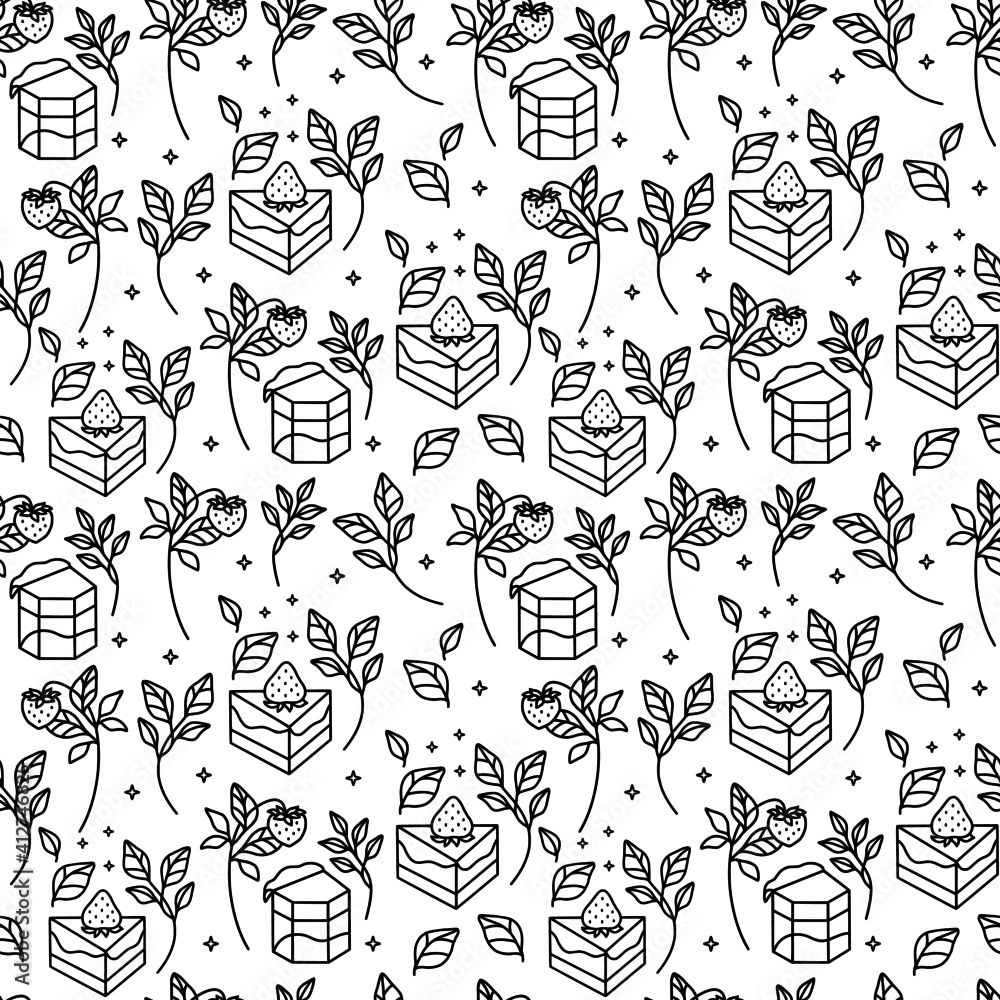 Hand drawn cake, bakery, and pastry seamless pattern with strawberry and floral leaf elements in black linear style and isolated white background for textile, fabric, paper, or gift wrapping