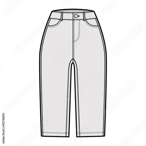 Denim short pants technical fashion illustration with knee length, normal waist, high rise, curved, coin, angled 5 pockets. Flat breeches bottom template front, grey color style. Women, men CAD mockup