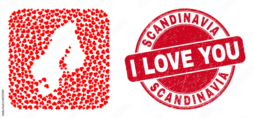Vector mosaic Scandinavia map of love heart elements and grunge love seal stamp. Mosaic geographic Scandinavia map constructed as subtraction from rounded square with valentine hearts. Vector mosaic Scandinavia map of love heart elements and grunge love seal stamp. Mosaic geographic Scandinavia map constructed as subtraction from rounded square with valentine hearts.
