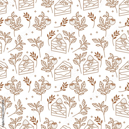 Hand drawn cake, bakery, and pastry seamless pattern with strawberry and floral leaf elements in vintage linear style and isolated white background for textile, fabric, paper, or gift wrapping