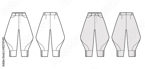Riding breeches short pants technical fashion illustration with knee length, normal waist, high rise, curved pocket. Flat bottom template front, back, white grey color style. Women, men CAD mockup