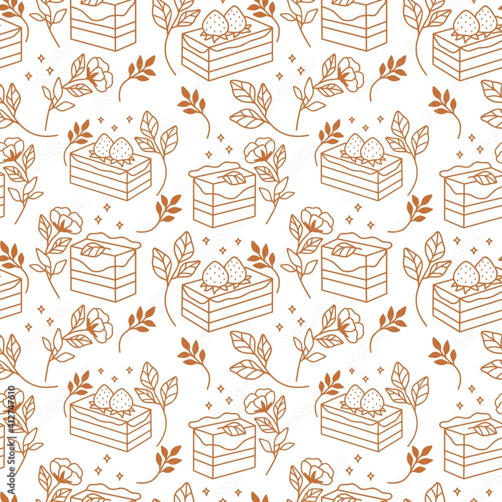 Hand drawn cake, bakery, and pastry seamless pattern with strawberry and floral leaf elements in vintage brown linear style and isolated white background for textile, fabric, paper, or gift wrapping Hand drawn cake, bakery, and pastry seamless pattern with strawberry and floral leaf elements in vintage brown linear style and isolated white background for textile, fabric, paper, or gift wrapping