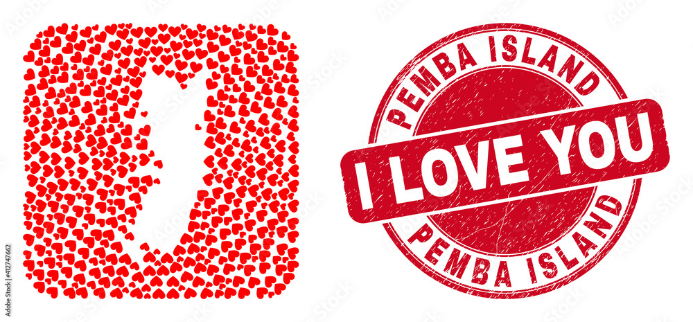 Vector mosaic Pemba island map of valentine heart elements and grunge love seal stamp. Mosaic geographic Pemba island map designed as carved shape from rounded square shape with valentine hearts. Vector mosaic Pemba island map of valentine heart elements and grunge love seal stamp. Mosaic geographic Pemba island map designed as carved shape from rounded square shape with valentine hearts.