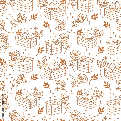Hand drawn cake, bakery, and pastry seamless pattern with strawberry and floral leaf elements in vintage brown linear style and isolated white background for textile, fabric, paper, or gift wrapping