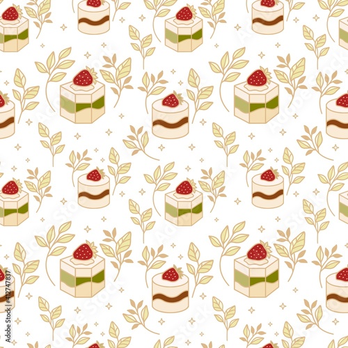 Hand drawn colorful cake, bakery, and pastry seamless pattern with strawberry and floral leaf elements in black linear style and isolated white background for textile, fabric, paper, or gift wrapping