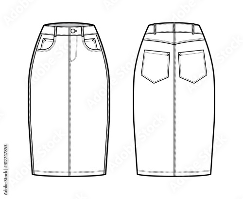 Denim pencil skirt technical fashion illustration with knee length, normal waist, high rise, coin and angled pockets. Flat bottom template front, back, white color style. Women, men CAD mockup