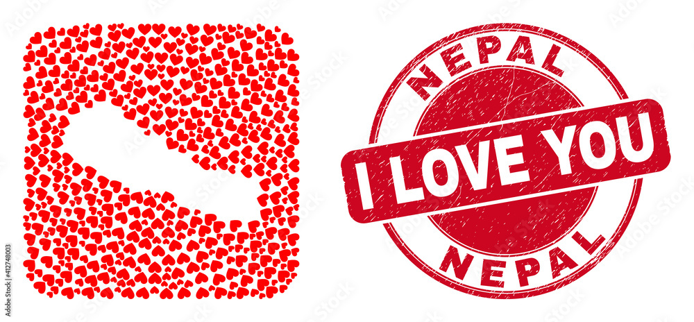 Vector collage Nepal map of valentine heart elements and grunge love badge. Collage geographic Nepal map constructed as carved shape from rounded square shape using love hearts. Vector collage Nepal map of valentine heart elements and grunge love badge. Collage geographic Nepal map constructed as carved shape from rounded square shape using love hearts.