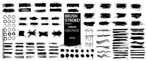 Ink stains, brush stroke and paint splashes in vector collection. Black artistic design elements, quote box, speech template, frames for text, labels, logo. Paintbrush grunge. Street art template set