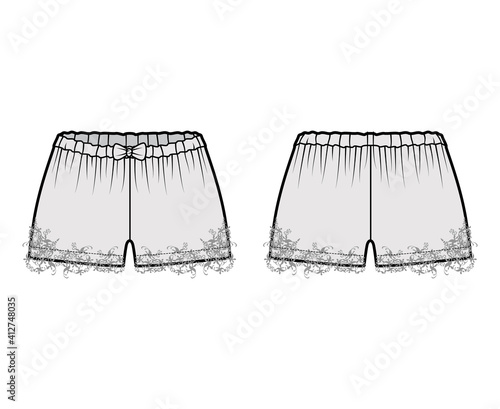 Short tap pants technical fashion illustration with bow, lace, mini length, low waist, rise. Flat sleepwear bottom apparel template front, back, grey color style. Women men unisex CAD mockup
