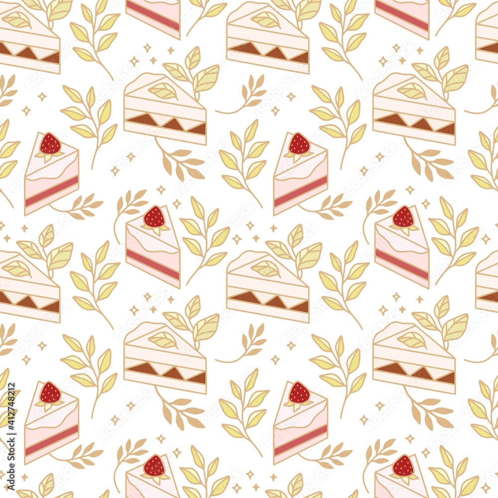 Hand drawn colorful cake, bakery, and pastry seamless pattern with strawberry and floral leaf elements in black linear style and isolated white background for textile, fabric, paper, or gift wrapping Hand drawn colorful cake, bakery, and pastry seamless pattern with strawberry and floral leaf elements in black linear style and isolated white background for textile, fabric, paper, or gift wrapping