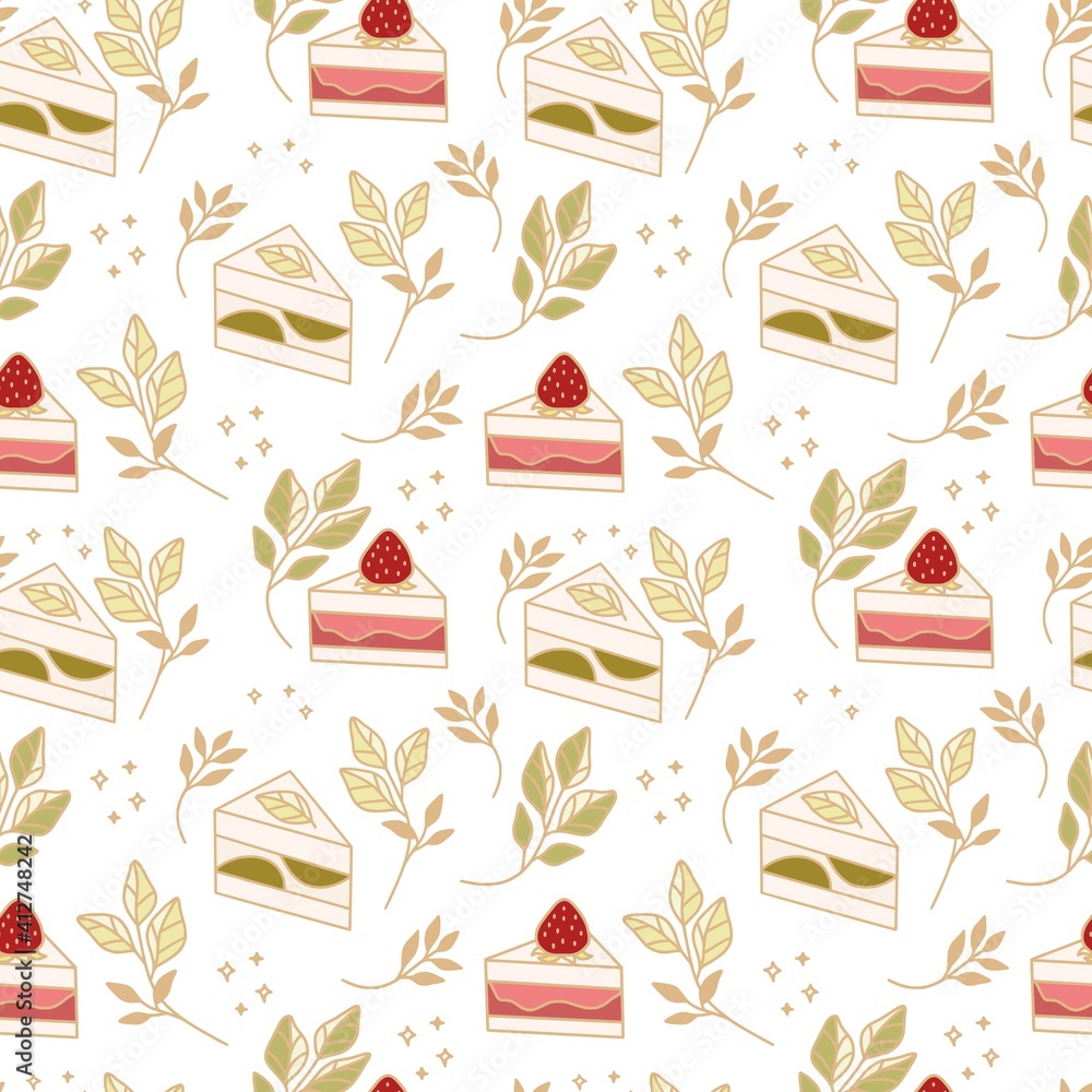 Hand drawn colorful cake, bakery, and pastry seamless pattern with strawberry and floral leaf elements in cute cartoon style and isolated white background for textile, fabric, paper, or gift wrapping Hand drawn colorful cake, bakery, and pastry seamless pattern with strawberry and floral leaf elements in cute cartoon style and isolated white background for textile, fabric, paper, or gift wrapping