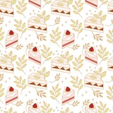 Hand drawn colorful cake, bakery, and pastry seamless pattern with strawberry and floral leaf elements in black linear style and isolated white background for textile, fabric, paper, or gift wrapping