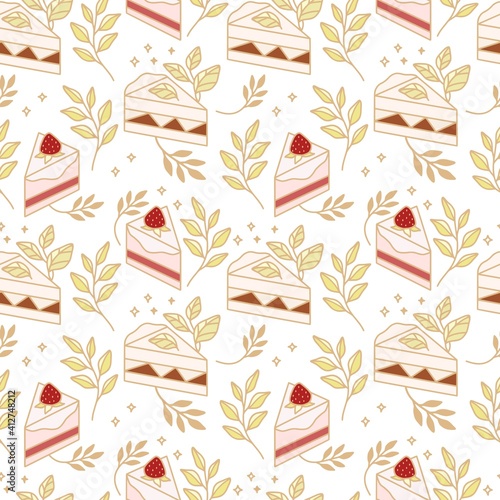 Wallpaper Mural Hand drawn colorful cake, bakery, and pastry seamless pattern with strawberry and floral leaf elements in black linear style and isolated white background for textile, fabric, paper, or gift wrapping Torontodigital.ca