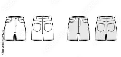 Denim short pants technical fashion illustration with mid-thigh length, low waist, rise, curved, coin, angled 5 pockets. Flat bottom template front, back, white grey color style. Women, men CAD mockup