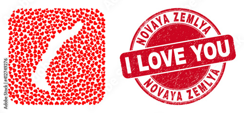 Vector mosaic Novaya Zemlya Islands map of lovely heart items and grunge love seal stamp. Mosaic geographic Novaya Zemlya Islands map constructed as stencil from rounded square using love hearts.