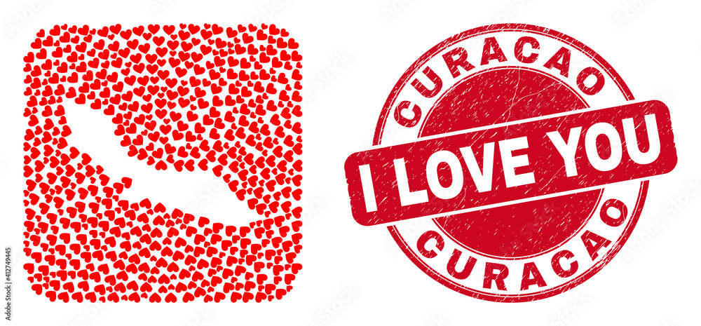 Vector mosaic Curacao Island map of lovely heart items and grunge love seal stamp. Mosaic geographic Curacao Island map constructed as carved shape from rounded square with lovely hearts. Vector mosaic Curacao Island map of lovely heart items and grunge love seal stamp. Mosaic geographic Curacao Island map constructed as carved shape from rounded square with lovely hearts.