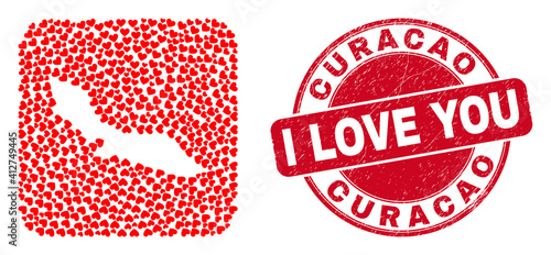 Vector mosaic Curacao Island map of lovely heart items and grunge love seal stamp. Mosaic geographic Curacao Island map constructed as carved shape from rounded square with lovely hearts.
