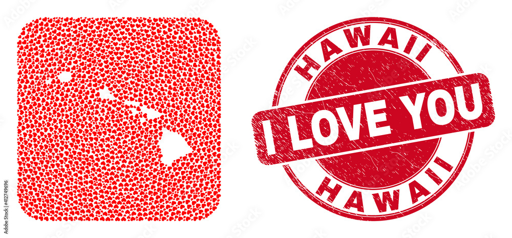 Vector mosaic Hawaii State map of love heart elements and grunge love badge. Mosaic geographic Hawaii State map designed as stencil from rounded square using love hearts. Vector mosaic Hawaii State map of love heart elements and grunge love badge. Mosaic geographic Hawaii State map designed as stencil from rounded square using love hearts.