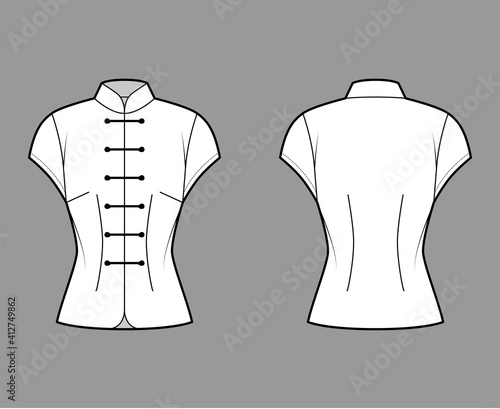 Mandarin blouse technical fashion illustration with cap sleeves, stand neck, fitted body, Frog closure. Flat Chinese oriental apparel top template front, back white color. Women, men unisex CAD mockup