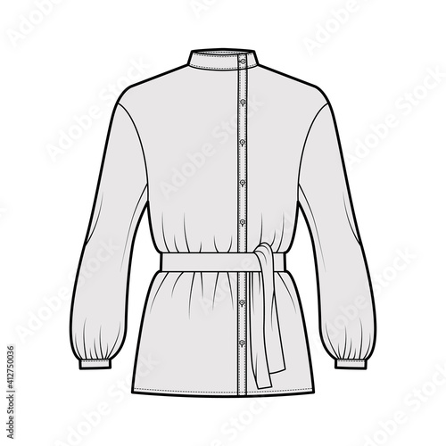 Cossack blouse technical fashion illustration with tie, bouffant long sleeves, stand collar, oversized, button up. Flat apparel top template front, grey color. Women men unisex CAD mockup