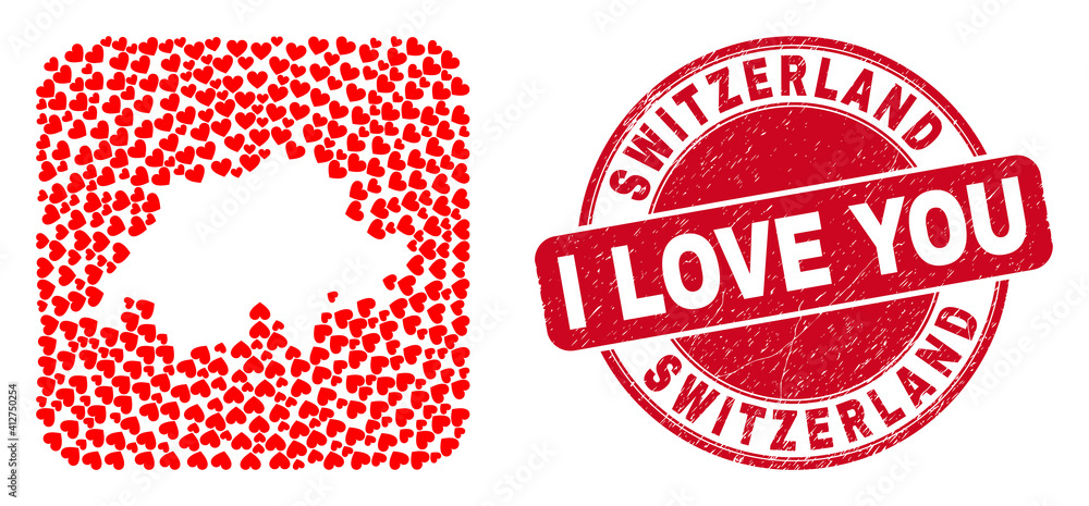 Vector mosaic Switzerland map of valentine heart elements and grunge love seal stamp. Collage geographic Switzerland map constructed as carved shape from rounded square shape with love hearts. Vector mosaic Switzerland map of valentine heart elements and grunge love seal stamp. Collage geographic Switzerland map constructed as carved shape from rounded square shape with love hearts.