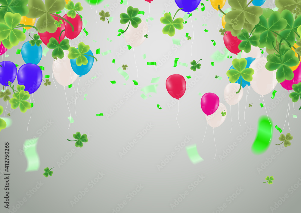 Modern flyer for St. Patrick's party. with green four and tree leaf clovers on balloons background. Vector illustration. Party invitation There is space for text. Happy St. Patrick's Day. Modern flyer for St. Patrick's party. with green four and tree leaf clovers on balloons background. Vector illustration. Party invitation There is space for text. Happy St. Patrick's Day.