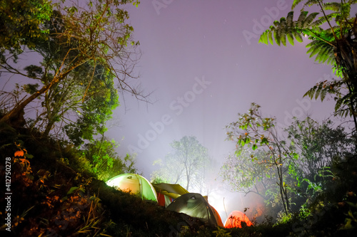 Tents on the mountain on a clear night