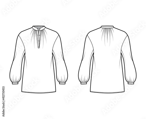 Over blouse technical fashion illustration with bouffant long sleeves, stand halter gathered collar, oversized. Flat apparel top template front, back, white color. Women, men unisex CAD mockup