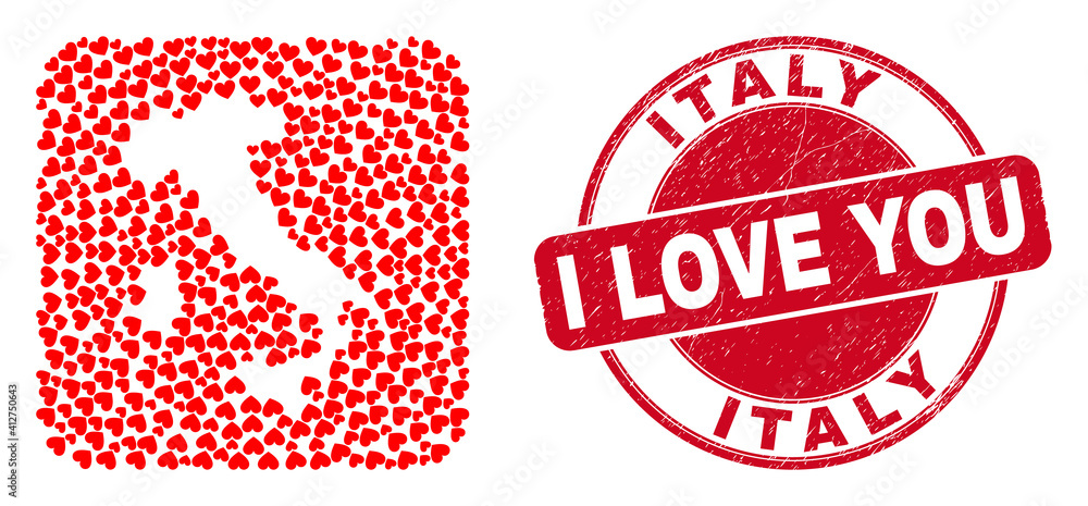 Vector mosaic Italy map of valentine heart elements and grunge love seal. Collage geographic Italy map created as carved shape from rounded square shape with valentine hearts. Vector mosaic Italy map of valentine heart elements and grunge love seal. Collage geographic Italy map created as carved shape from rounded square shape with valentine hearts.