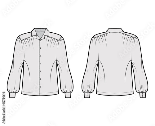 Gaucho blouse technical fashion illustration with dolman puff long sleeves, open collar, oversized, button up. Flat apparel top template front, back, grey color. Women, men unisex CAD mockup