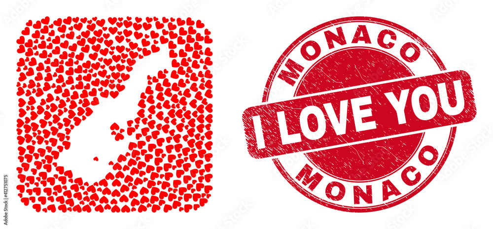 Vector collage Monaco map of lovely heart elements and grunge love seal stamp. Collage geographic Monaco map created as carved shape from rounded square shape using love hearts. Vector collage Monaco map of lovely heart elements and grunge love seal stamp. Collage geographic Monaco map created as carved shape from rounded square shape using love hearts.