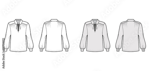 Pirate blouse technical fashion illustration with bouffant long sleeves, poet lacing collar, oversized, tunic length. Flat apparel top template front, back, white, grey color. Women, unisex CAD mockup