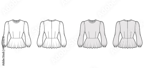 Peplum blouse technical fashion illustration with bouffant long sleeves, scoop neck, fitted body. Flat shirt apparel top template front, back, white, grey color. Women, men unisex CAD mockup