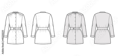 Belted blouse technical fashion illustration with long sleeves  stand collar  oversized  button up  enlarged hem. Flat apparel top template front  back  white  grey color. Women  men unisex CAD mockup