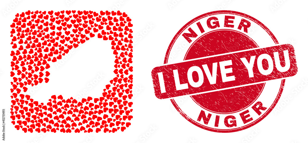 Vector mosaic Niger map of love heart items and grunge love seal stamp. Mosaic geographic Niger map created as carved shape from rounded square shape with lovely hearts. Vector mosaic Niger map of love heart items and grunge love seal stamp. Mosaic geographic Niger map created as carved shape from rounded square shape with lovely hearts.