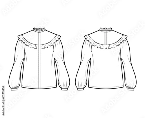 Prairie blouse technical fashion illustration with bouffant long sleeves, stand collar, ruffle yoke, cuff, hide button up. Flat apparel top template front, back, white color. Women unisex CAD mockup