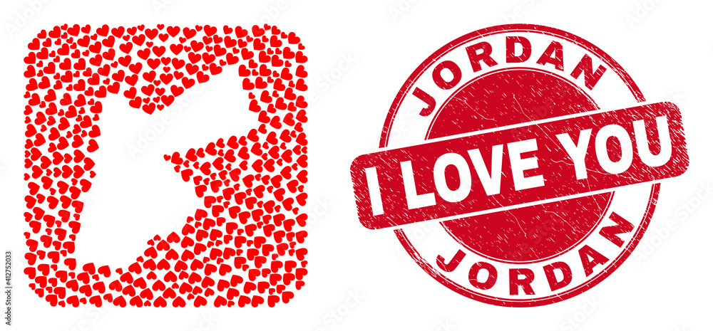 Vector collage Jordan map of lovely heart elements and grunge love seal stamp. Mosaic geographic Jordan map designed as hole from rounded square shape with valentine hearts. Vector collage Jordan map of lovely heart elements and grunge love seal stamp. Mosaic geographic Jordan map designed as hole from rounded square shape with valentine hearts.