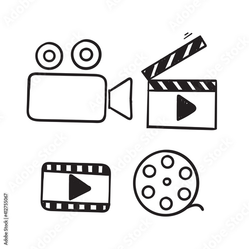hand drawn doodle cinema icon illustration set isolated