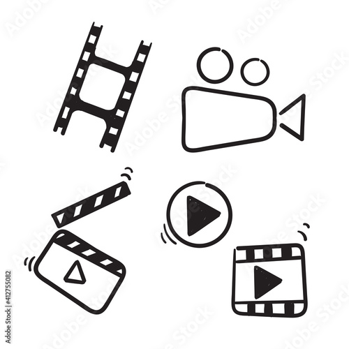 hand drawn doodle cinema icon illustration set isolated