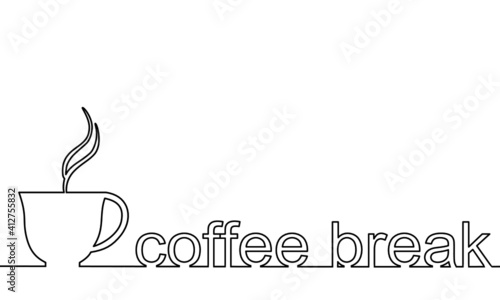 One line drawing style of a cup of coffee and wording coffee break isolated on white background. There’s a copy space for your text.