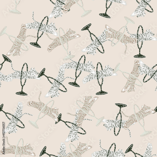 Pastel seamless doodle pattern with outline circus tiger shapes. Light background. Doodle zoo design.
