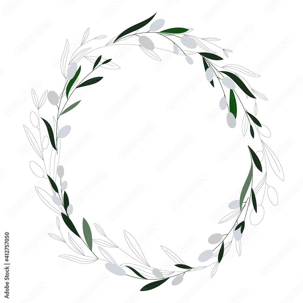 Oval wreath of willow. Foliage border. Hand drawn spring wreath on white background. Floral frame. Vector Easter illustration in minimal style. Oval wreath of willow. Foliage border. Hand drawn spring wreath on white background. Floral frame. Vector Easter illustration in minimal style.
