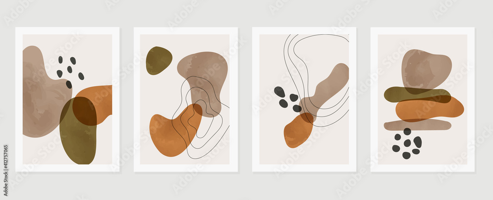 
Abstract wall arts vector background collection.  Earth tones Hand drawn organic shape art design for wall framed prints, canvas prints, poster, home decor, cover, wallpaper.
