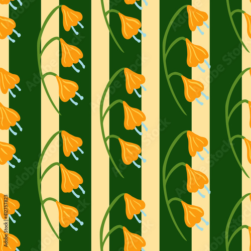 Summer seamless pattern with doodle bright orange bell flowers print. Green striped background.