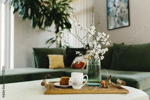 Wallpaper Mural Home interior. Cookies, coffee. Apple tree color, bird. Blurred background Torontodigital.ca