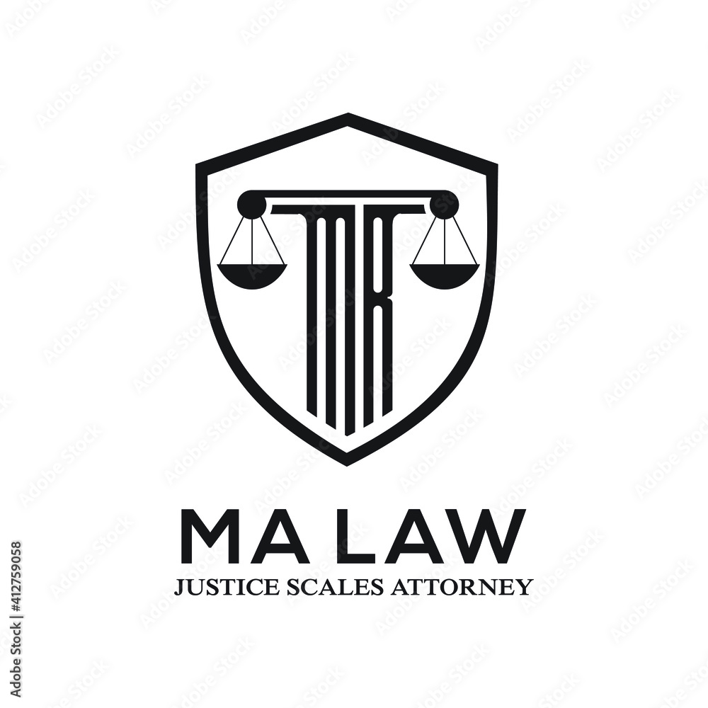 MA lettering attorney pillar ma law scales of justice simbol design exclusive inspiration - obrazy, fototapety, plakaty 