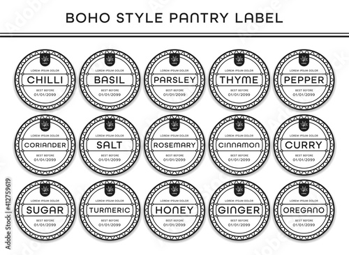 Kitchen seasoning pantry sticker label black white boho bohemian artistic style